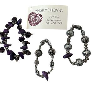NWT Angela Designs 3 handmade amethyst & silver color beaded stretchy bracelets